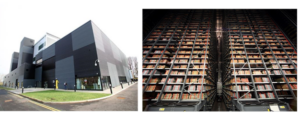 A view of the exterior and interior of The British Library National Newspaper Building